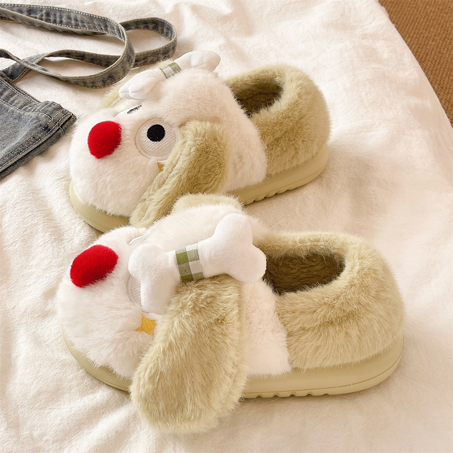 可爱小狗骨头厚底包跟棉拖鞋