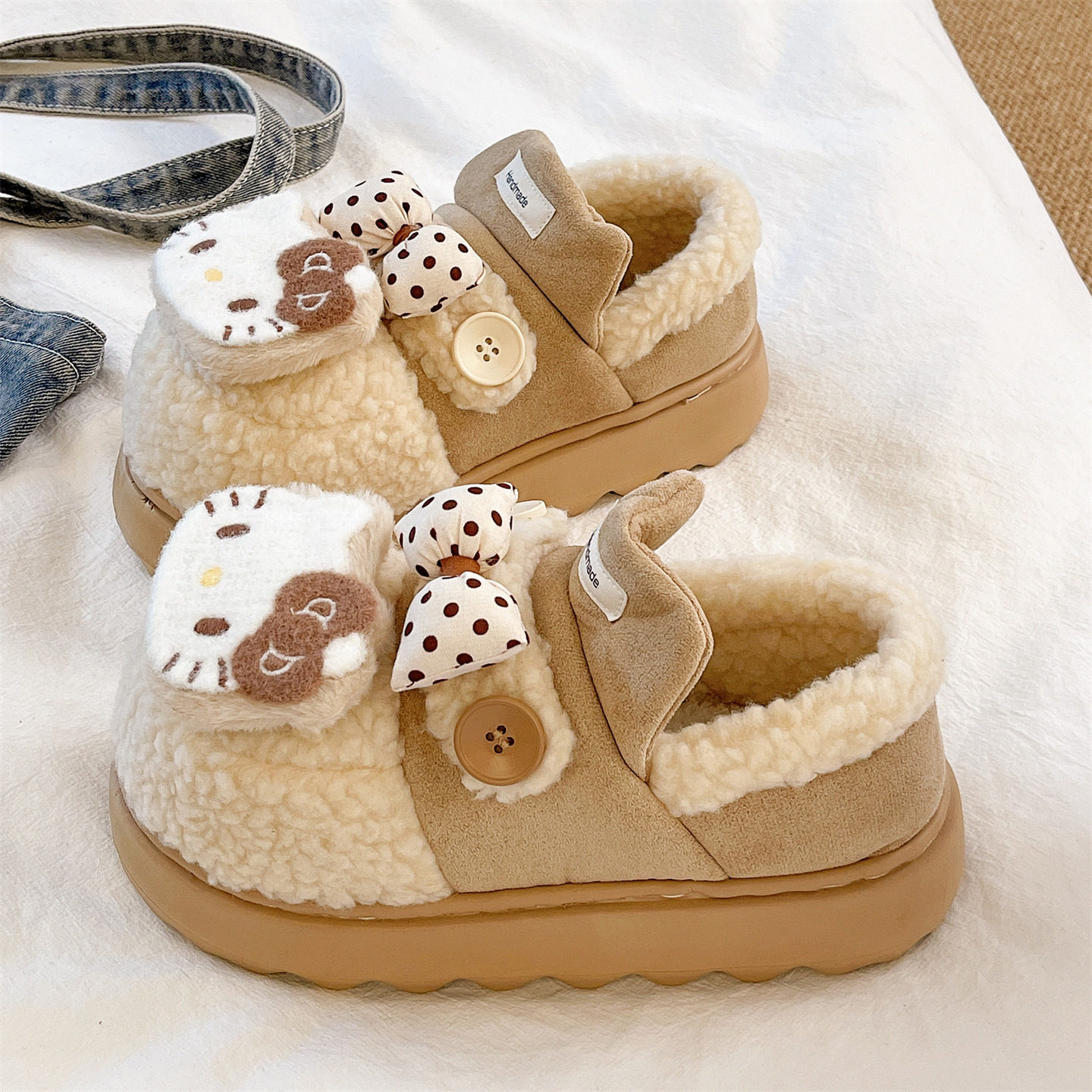 可爱蝴蝶结猫咪包跟棉拖鞋