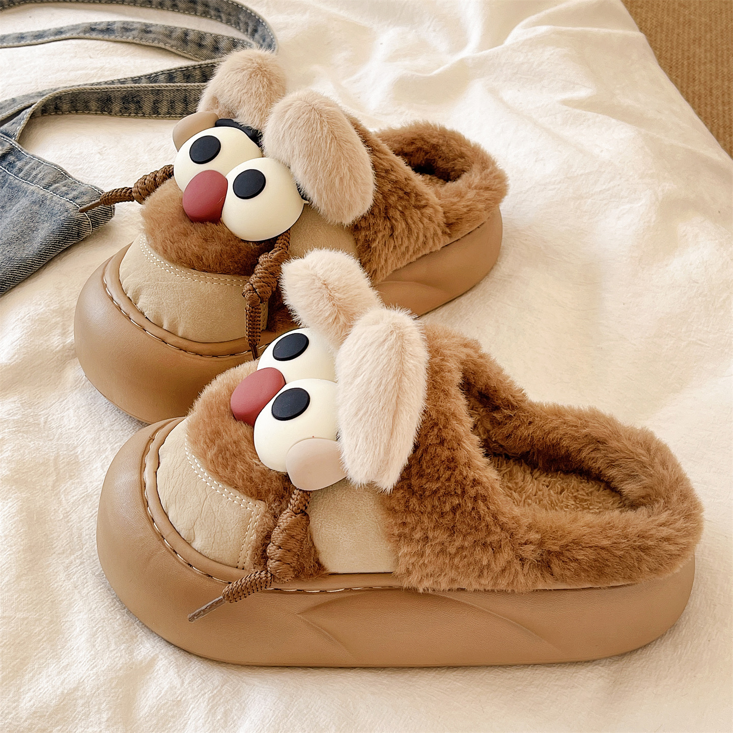 可爱大眼睛厚底包头棉拖鞋