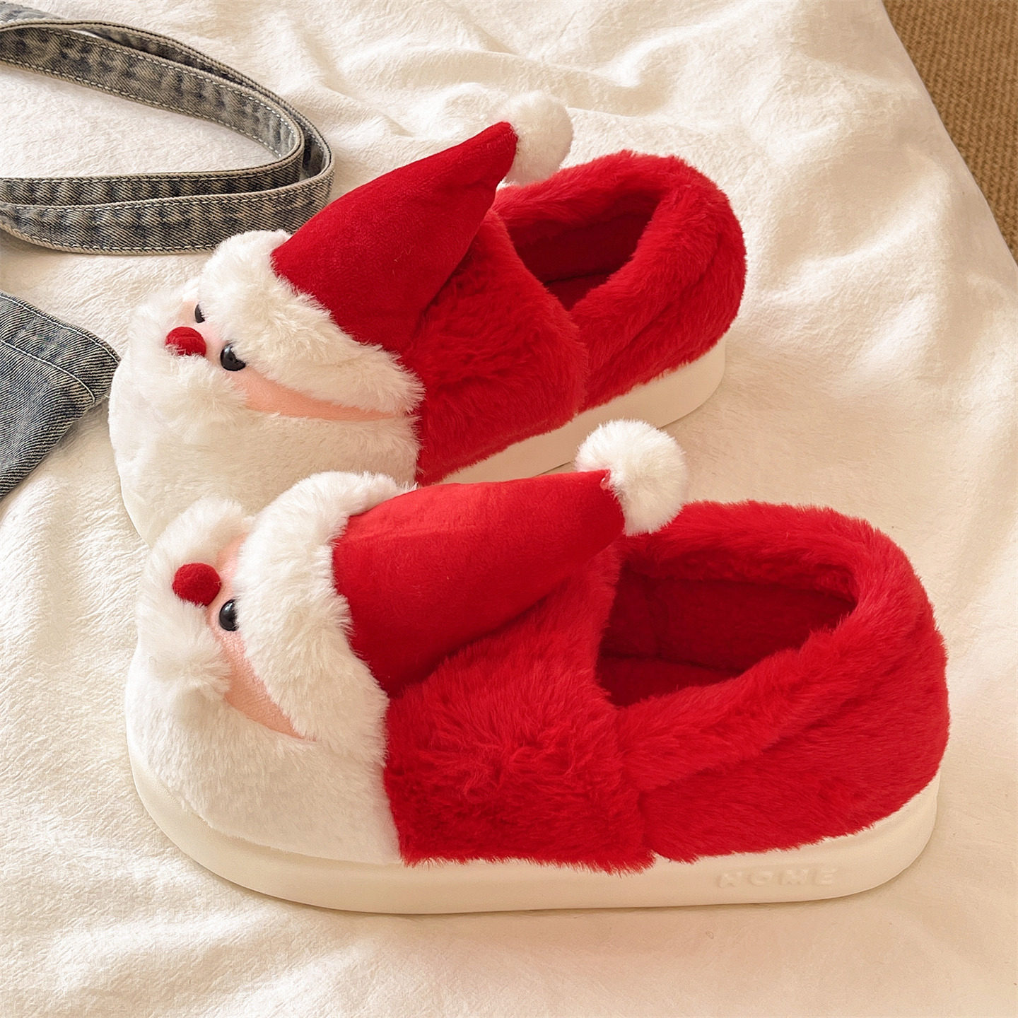可爱圣诞老人厚底包跟棉拖鞋