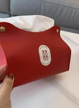 客厅收纳纸巾盒复古红色囍纸巾套创意装饰抽纸盒结婚礼婚房高级感
