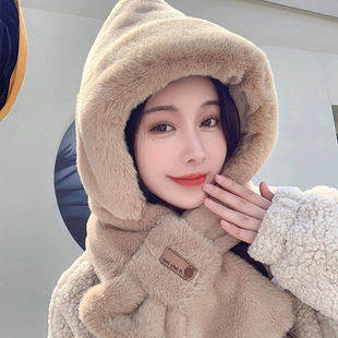帽子女款2026新款冬帽子围巾一体保暖毛绒连帽围脖骑电动车防风帽