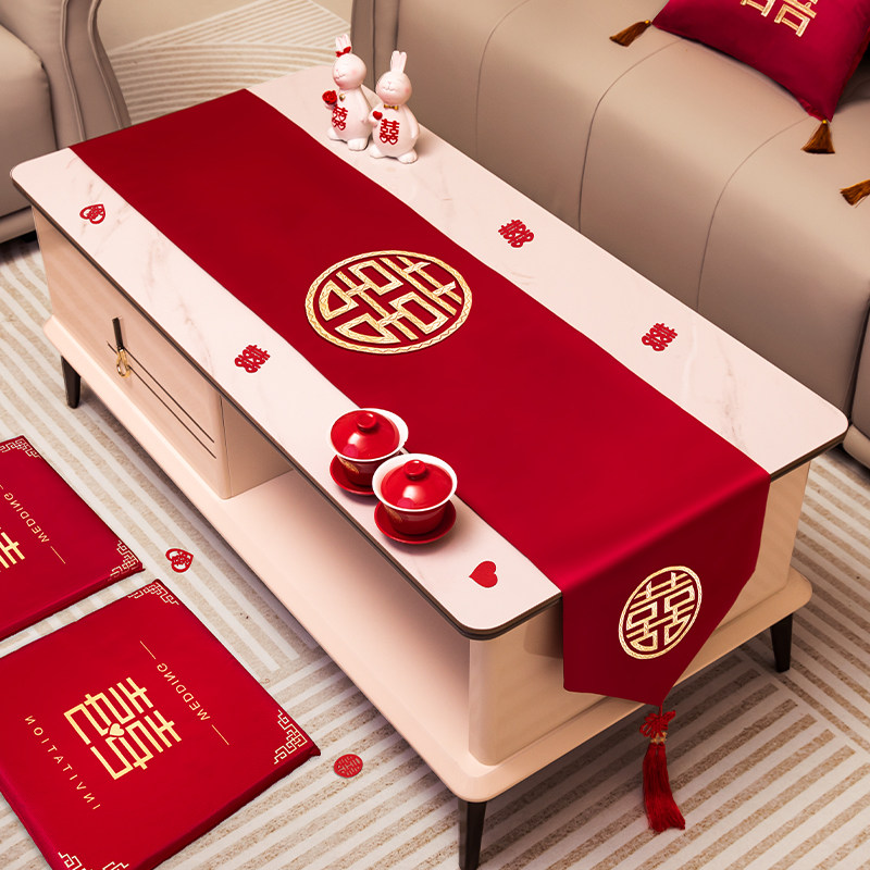 结婚桌布红色喜字桌旗装饰图片