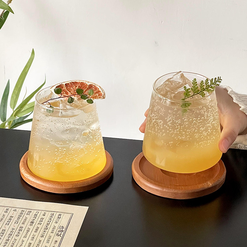 日式富士山玻璃杯氛围感鸡尾酒杯带杯垫平底杯咖啡杯冷饮杯子水杯