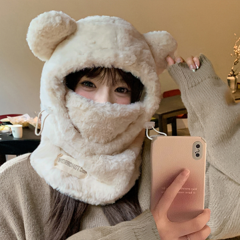 可爱毛绒小熊帽子围巾一体女新款