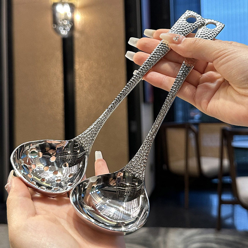 新款锤纹不锈钢大头勺大漏勺食品级不锈钢桌面汤勺漏勺火锅勺耐用,厨房/烹饪用具,汤勺,淘宝优惠券,粉丝福利购,淘宝优惠卷