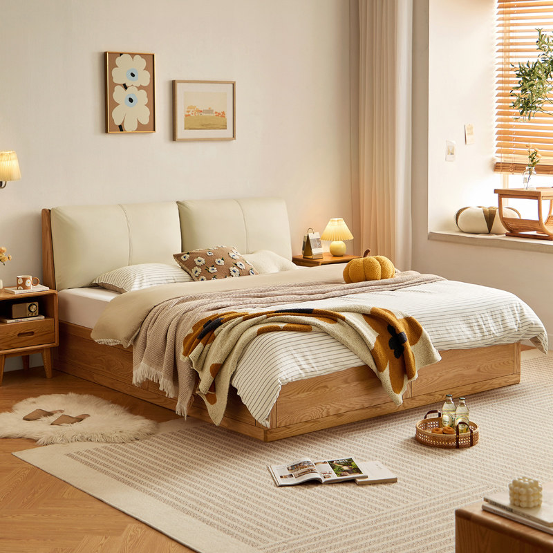 林氏家居简约实木床软包床架原木奶油风床橡木双人床林氏木业047