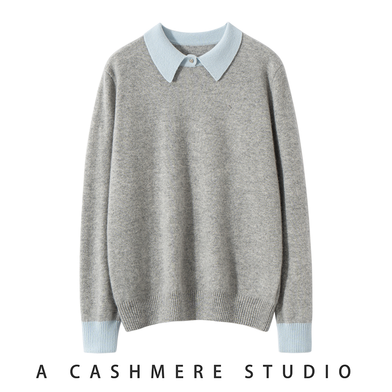 100%纯山羊绒拼色针织毛衣女宽松