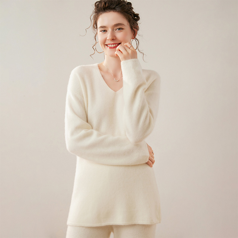 羊绒衫女V领开叉宽松中长款毛衣