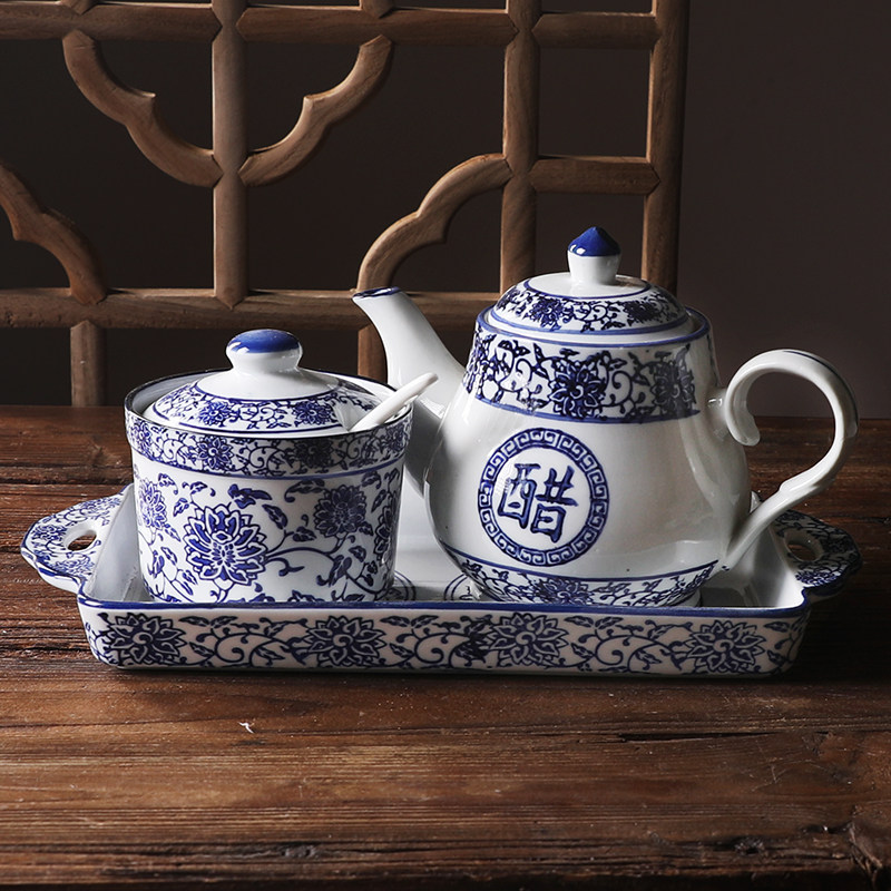 青花陶瓷商用醋壶有盖防漏调味油壶中式复古餐厅餐饮店调料盒罐家