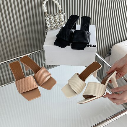 sexy法式简约露趾一字拖女外穿夏季方头粗跟高跟凉拖鞋时尚7cm