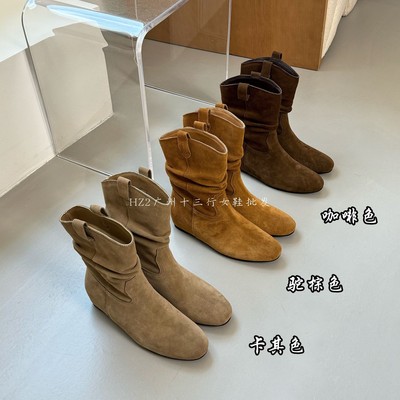 HZ2实拍磨砂真皮内增高西部短靴女2025新款V口套筒褶皱时装堆堆靴
