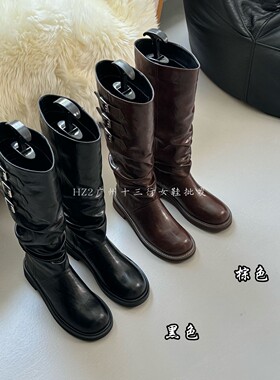 HZ2实拍黑色复古长筒靴骑士靴女2025新款皮带扣显瘦不过膝马丁靴