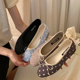 波点芭蕾平底鞋女2026春款圆头浅口蝴蝶结单鞋玛丽珍鞋软底配裙子