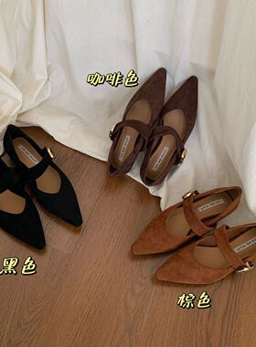 JIAMEIRUI复古风百搭922-9尖头小单鞋女一字扣浅口鞋绒面通勤女鞋