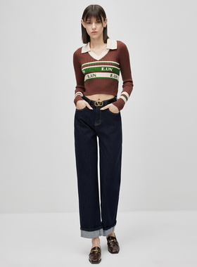 ZNVZ直筒卷边轻奢蓝牛仔裤女2023新款秋冬小个子高腰宽松裤子Z032