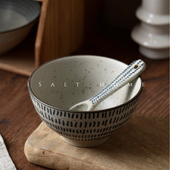 手作跳刀纹碗.粗陶青花陶瓷米饭碗小碗早餐碗复古创意家用 出丹麦