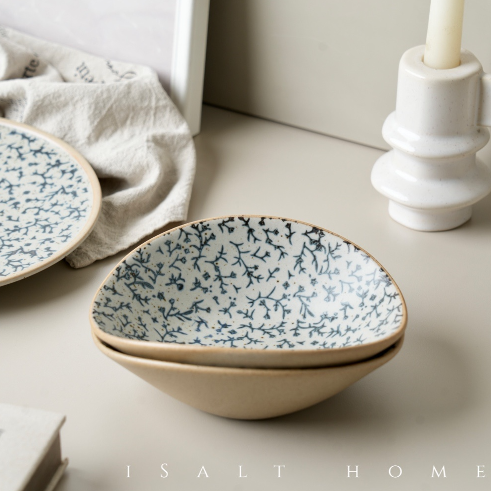 手作悠然花海浪碗.粗陶青花手绘早餐坚果甜品碗浅口凉菜盘/出丹麦