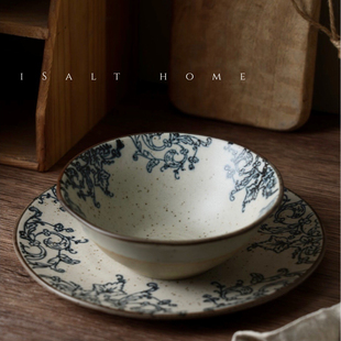 手作葡萄藤系列.粗陶青花餐盘早餐盘甜品盘复古燕麦碗饭碗/出丹麦