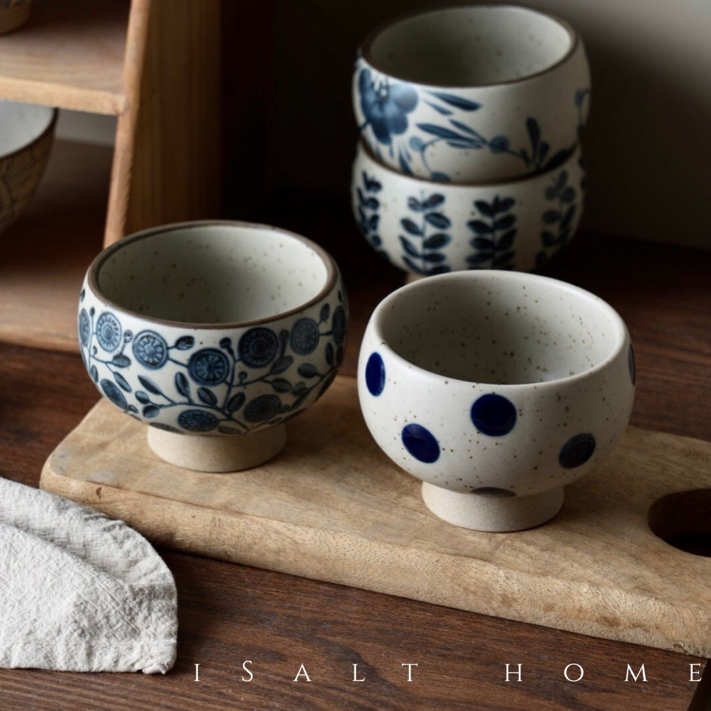 高足蛋杯.粗陶青花手绘手握杯咖啡杯拉花复古陶瓷杯牛奶杯水杯