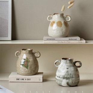 出美国Yoki粗陶手作双耳花瓶客厅摆件复古轻奢高级花器可水培