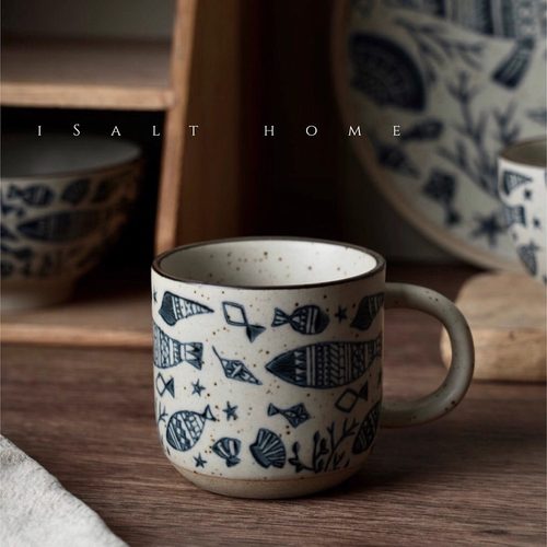 手作海底世界杯子.粗陶青花咖啡杯拉花杯陶瓷杯牛奶杯水杯/出丹麦