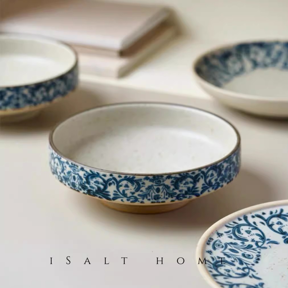 手作鸢尾花高足碗.粗陶青花陶瓷甜品碗饭碗面汤碗创意家用/出丹麦