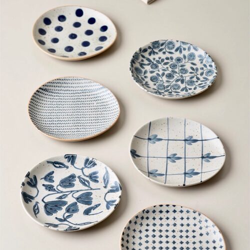 手作甜品盘粗陶青花手绘点心碟