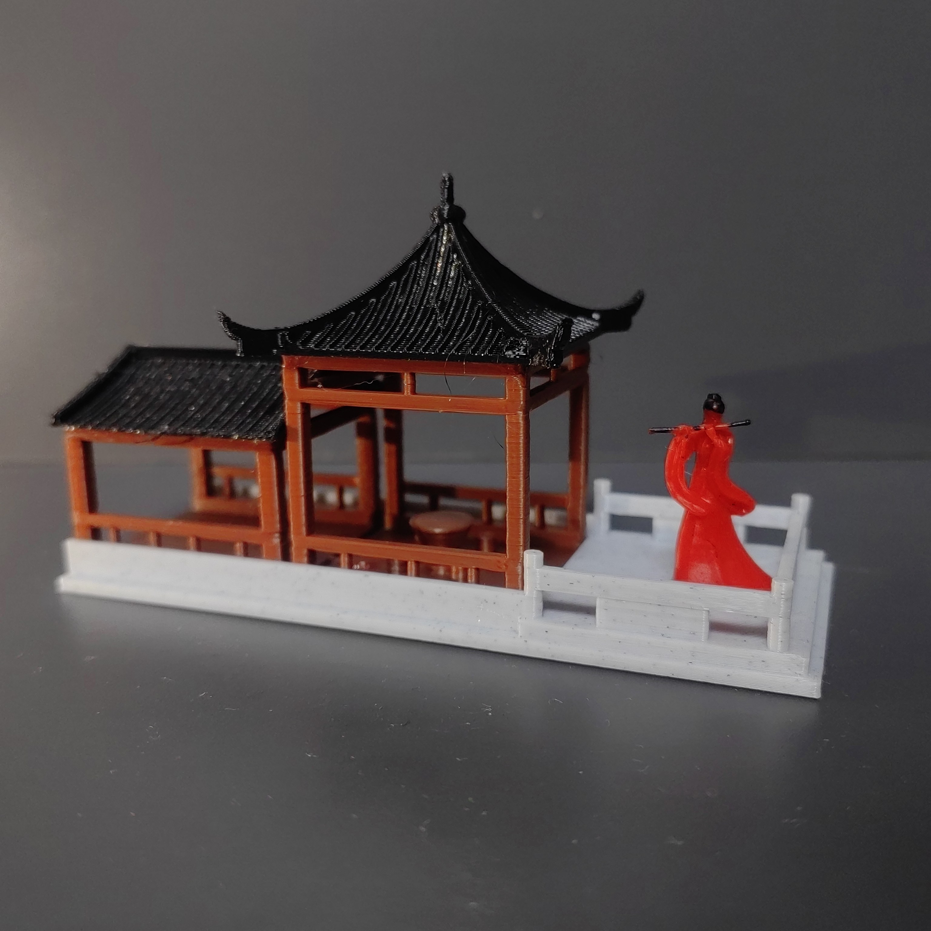 中式新款香洲建筑摆件亭廊打印模型微观假山盆景装饰复古吹笛女孩