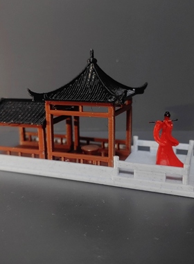 中式新款香洲建筑摆件亭廊打印模型微观假山盆景装饰复古吹笛女孩