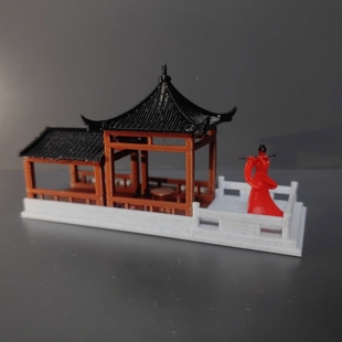 中式新款香洲建筑摆件亭廊打印模型微观假山盆景装饰复古吹笛女孩