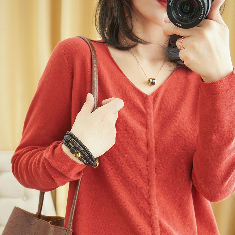 V领针织衫女纯棉麻秋季宽松大码上衣长袖抽绳薄款套头毛衣打底衫