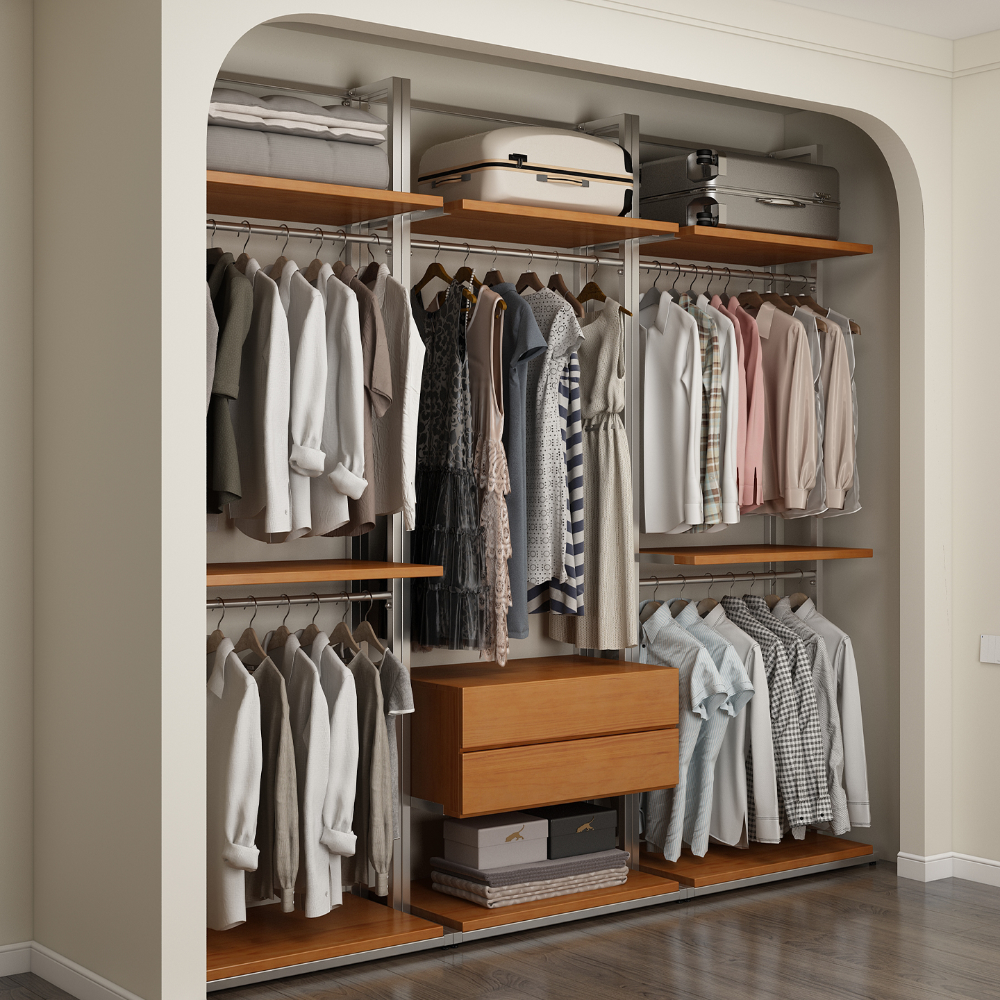 芬木家用卧室简约钢架衣柜实木