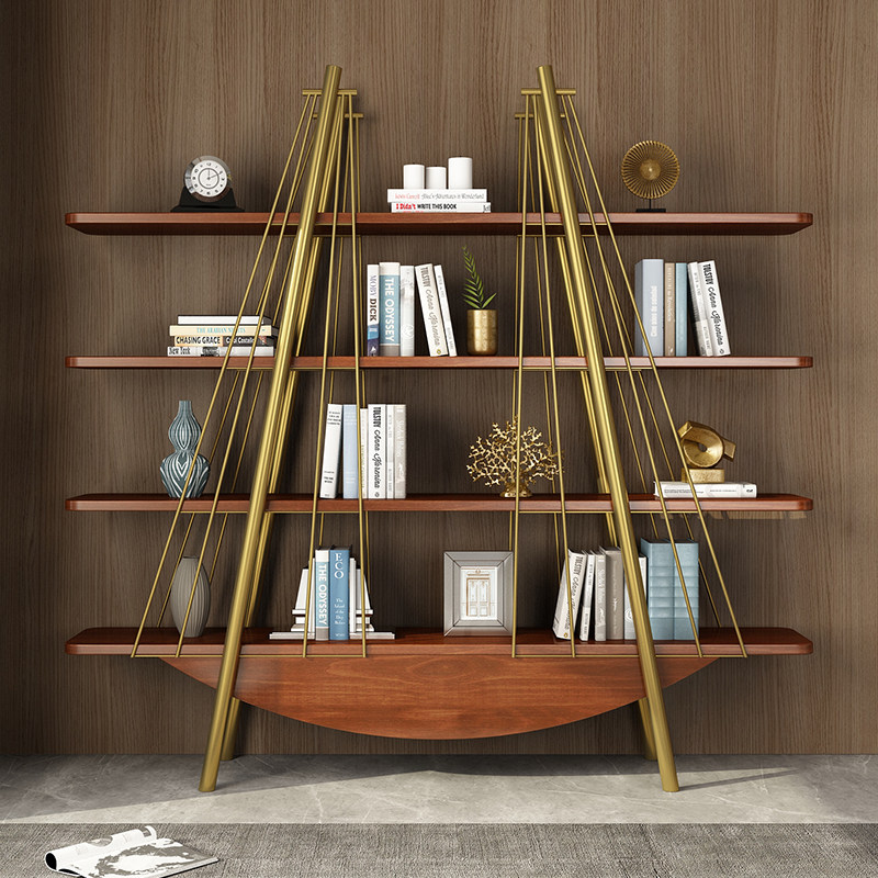 帆船书架个性创意客厅实木书柜别墅书房轻奢风铁艺书架背景置物架