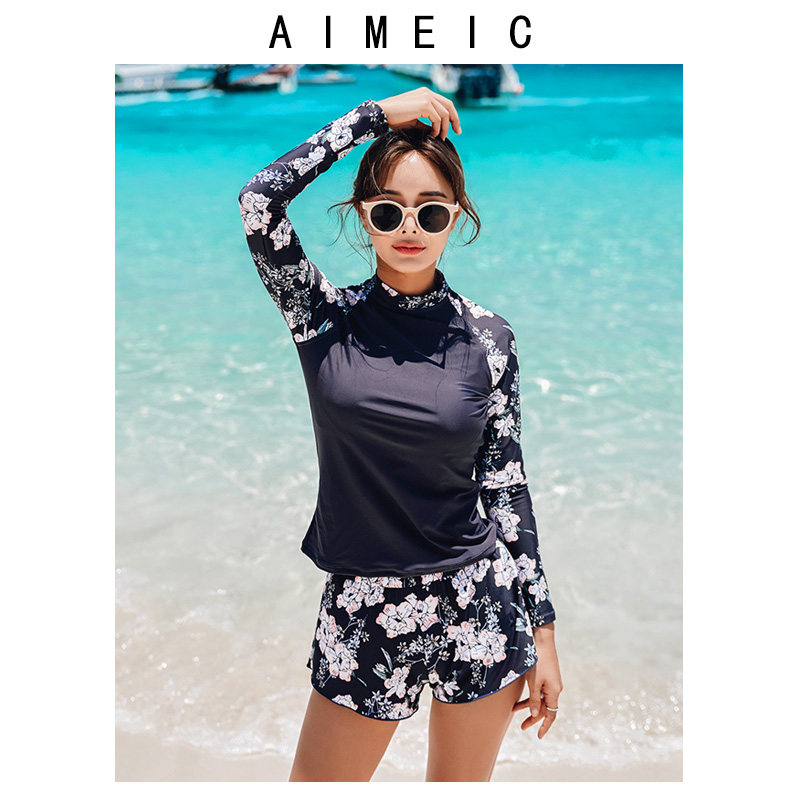 AIMEIC女式新款长袖防晒分体泳衣女平角短裤遮肚温泉度假大码泳装