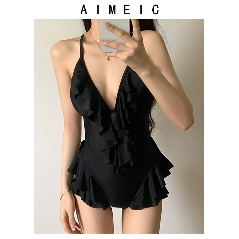 AIMEIC新款性感深V黑色吊带连体泳衣女露背沙滩休闲度假裙式泳装