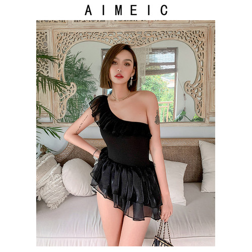 aimeic花边单肩连体泳衣温泉