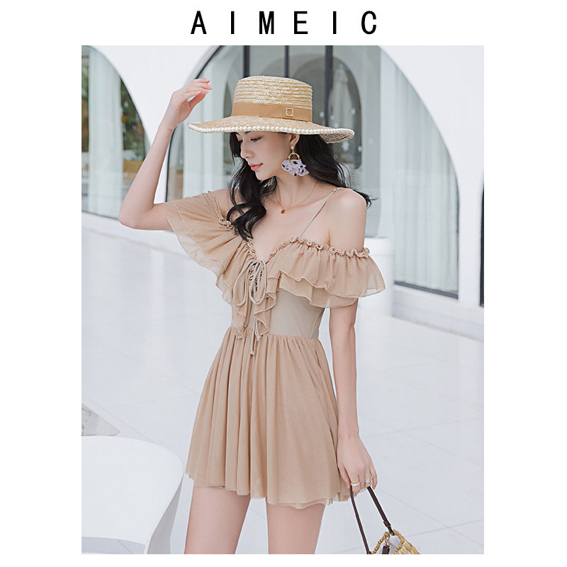 AIMEIC女子蕾丝雪纺一字荷叶肩性感裙式连体泳衣收腰显瘦温泉泳装