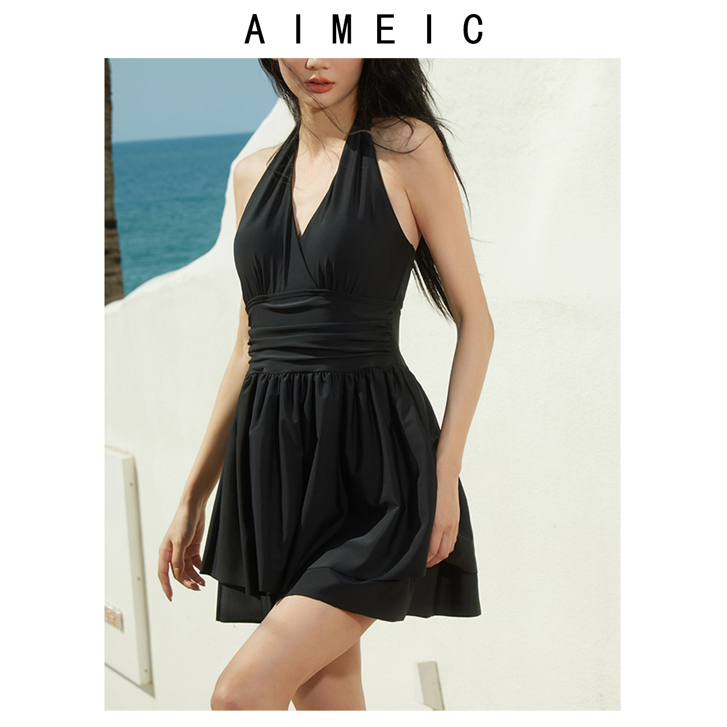 AIMEIC新款无钢托挂脖美背裙式连体泳衣女海边度假泡温泉休闲泳装