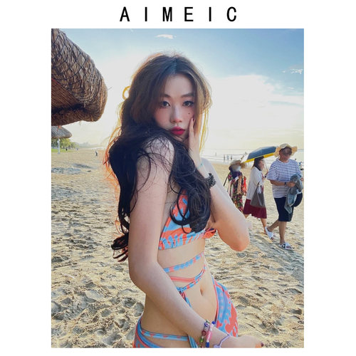 aimeic比基尼新款分体绑带挂脖