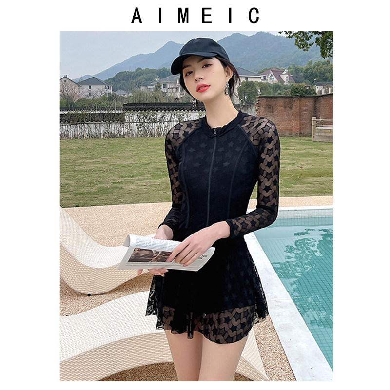 AIMEIC新款2025黑色透视网纱性感裙式连体泳衣长袖温泉度假游泳衣