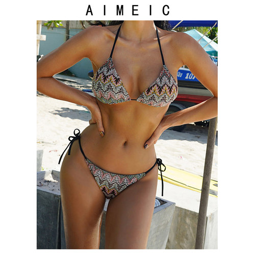 AIMEIC新款女士绑带挂脖比基尼三角分体泳衣性感三点式bikini泳装