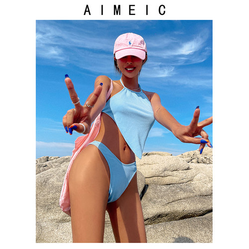 AIMEIC新款夏季温泉度假比基尼分体泳衣女挂脖吊脖小胸聚拢泳装