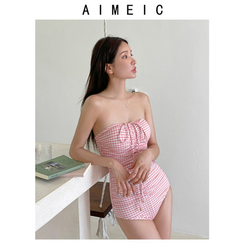 AIMEIC新款格子高腰抹胸款三角连体泳衣性感小胸聚拢度假显瘦泳装