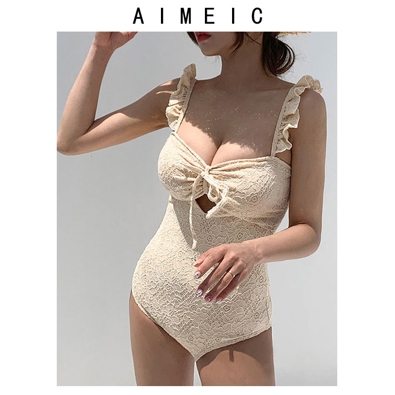 AIMEIC杏色荷叶边性感吊带泳装女式2026新款遮肚高腰三角连体泳衣