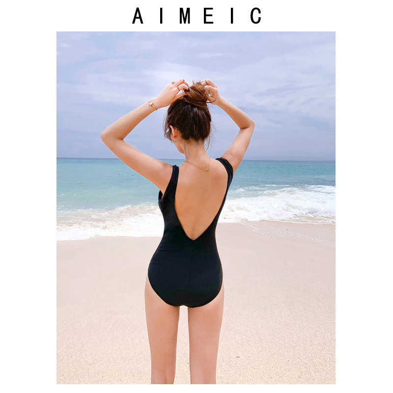 AIMEIC新款纯黑色三角连体泳衣无钢托大露背女士性感比基尼游泳装
