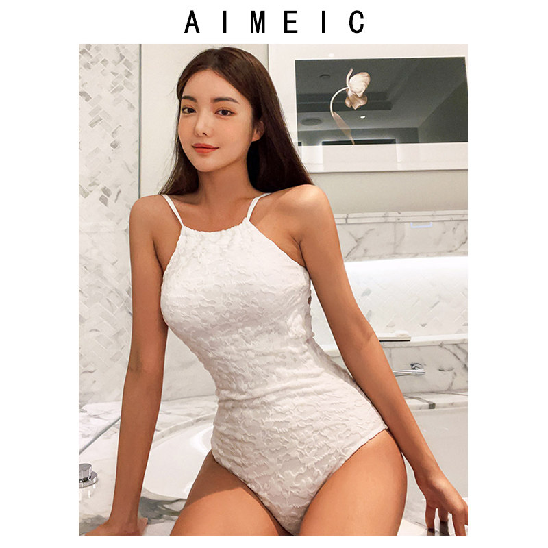 白色性感连体泳衣后背绑带吊带女