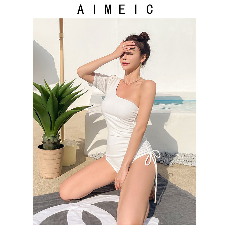 aimeic单肩短袖三角连体泳衣修身
