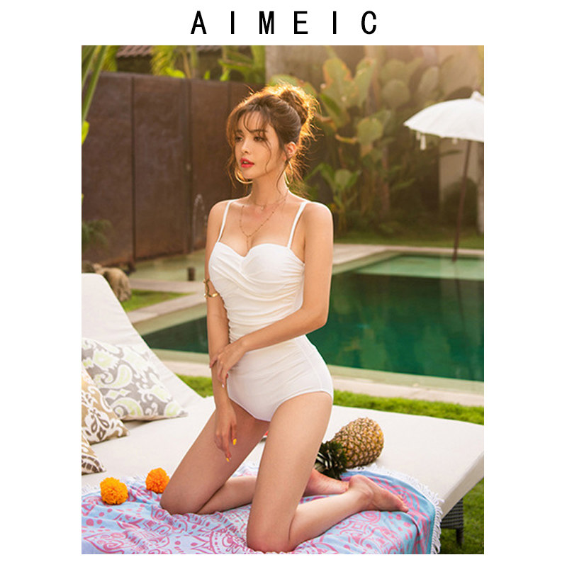 AIMEIC黑色抹胸吊带三角连体遮肚显瘦度假泳衣性感比基尼泳装女夏