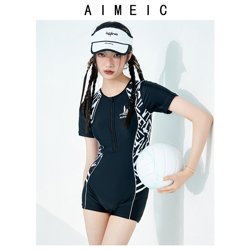 AIMEIC新款女子游泳馆训练泳衣女大码胖mm平角带胸垫短袖连体泳衣